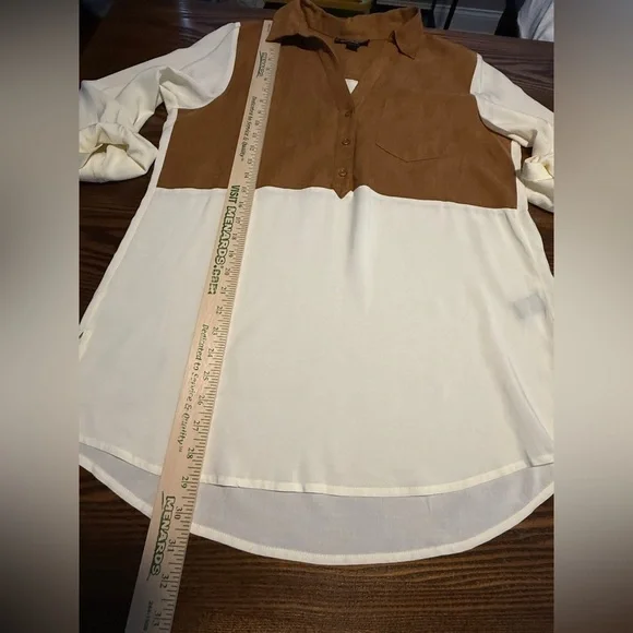 August Silk Women’s L Blouse Faux Suede Brown Cream Western Neutral Career EUC - Picture 7 of 16